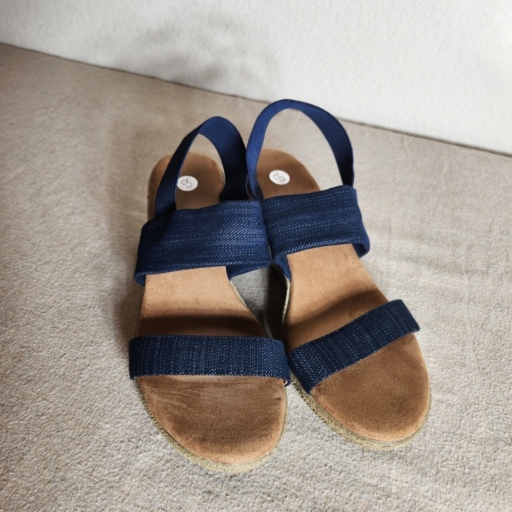 Navy Blue Womens 8 1/2 Espadrille Sandals Denim Look Suede Sole - Picture 8 of 8